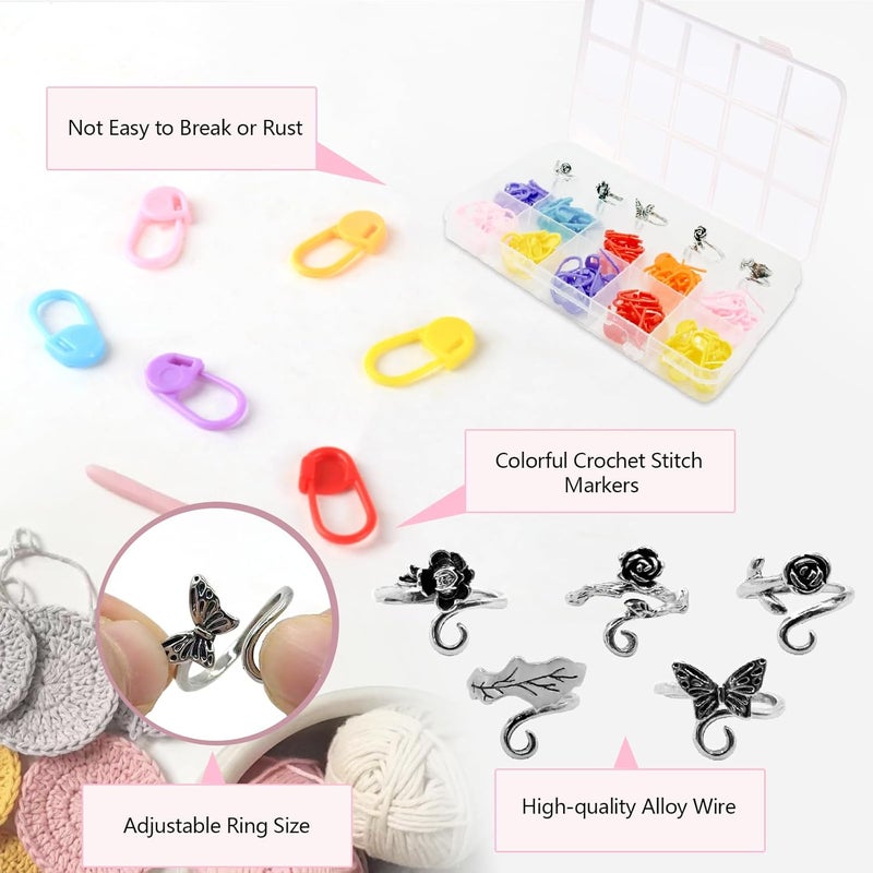 LBU 5Pcs Crochet Ring + 100Pcs Stitch Markers Adjustable Crochet Tension Rings for Finger Handmade Yarn Guide Crocheting Rings Knitting Accessories with Box Crochet Gifts for Women Mom Crocheters - Image 4